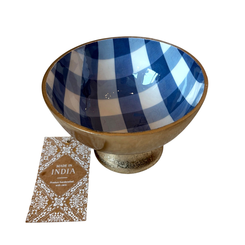 Blue & White Checkered Enameled Gold Metal Bowl 5" Made in India NEW